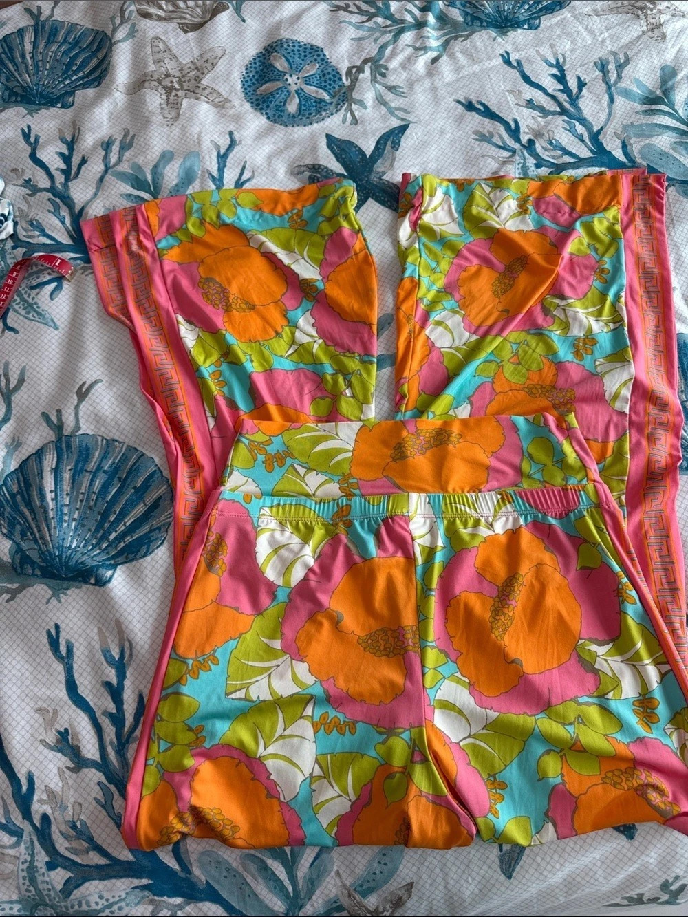 Trina Turk Playa De Flor Swim Cover Up Pants Floral Wide Leg Pants Pink & Orange - Picture 2 of 6